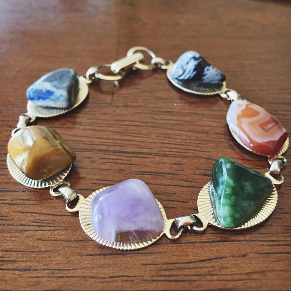 VINTAGE 1970's Polished Stone Link Bracelet - Picture 1 of 3